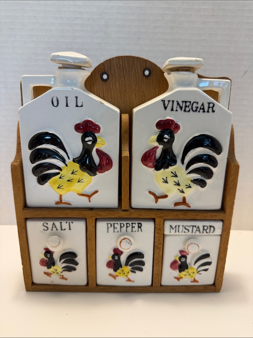 VTG Relco Rooster Hanging Condiment & Spice Rack w/Ceramic Containers - Japan